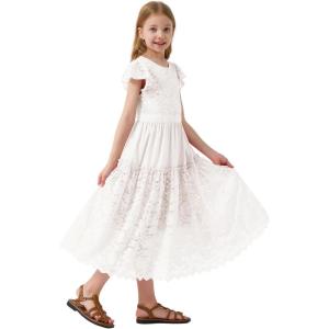 imageRolanko Girls Boho Lace Dresses Ruffle Sleeve Tiered Flower Girl Maxi Dress with Lining for Wedding PartyWhite