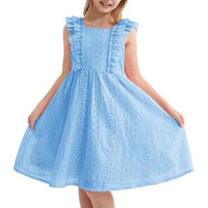 imageRolanko Girls Ruffle Sleeve Dress Square Neck Hollow Out Eyelet A Line Beach Vacation Summer SundressBlue