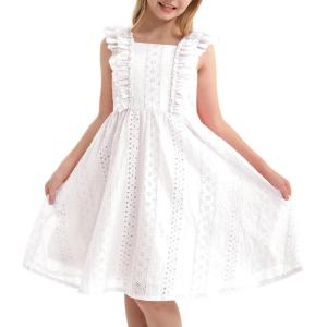 imageRolanko Girls Ruffle Sleeve Dress Square Neck Hollow Out Eyelet A Line Beach Vacation Summer SundressWhite