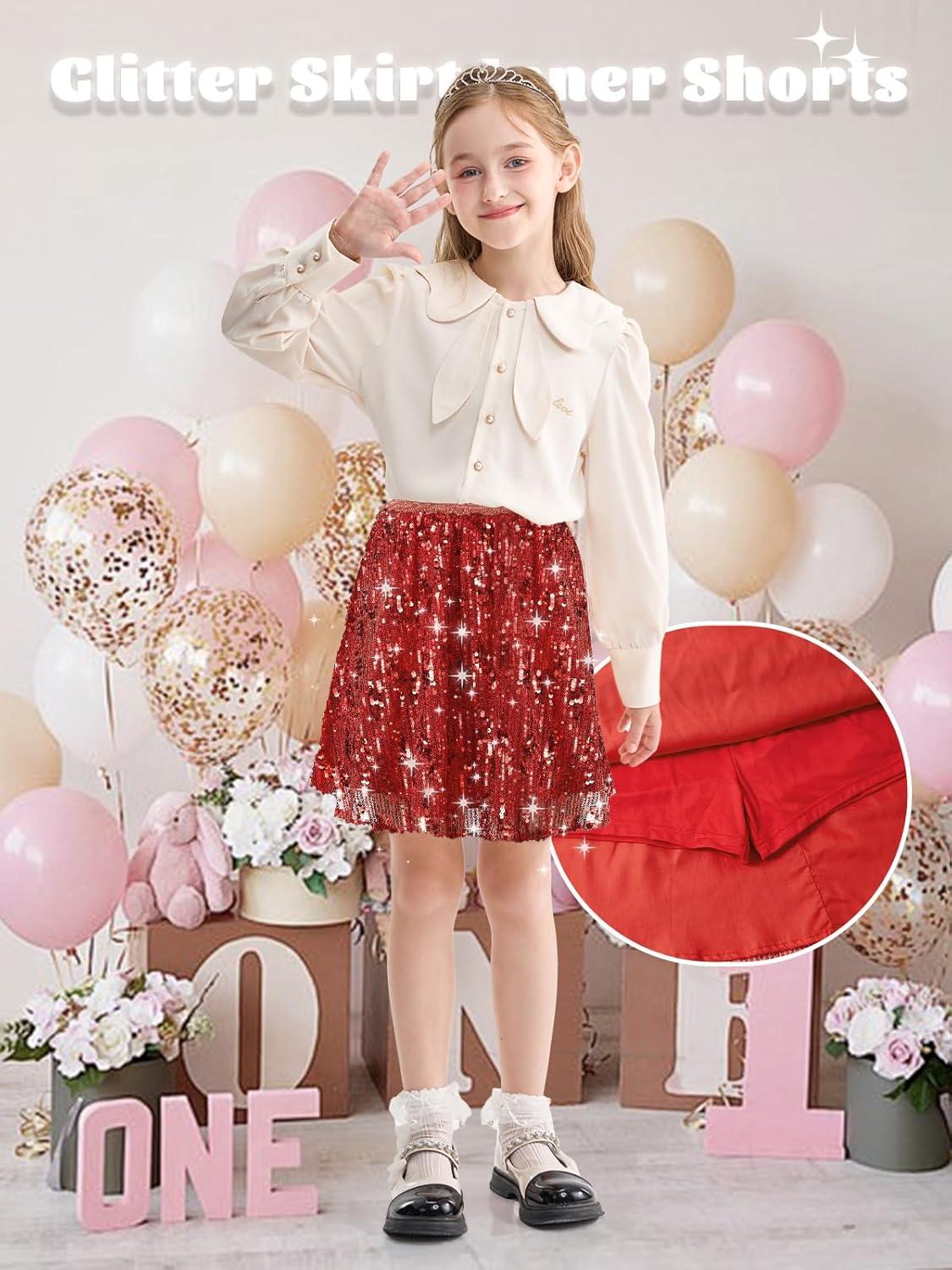 imageRolanko Girls Sequin Skirt Elastic Waist Glitter Sparkly Skort with Lining Twirling Shiny Skirts for Kids Dance Party 512YRed