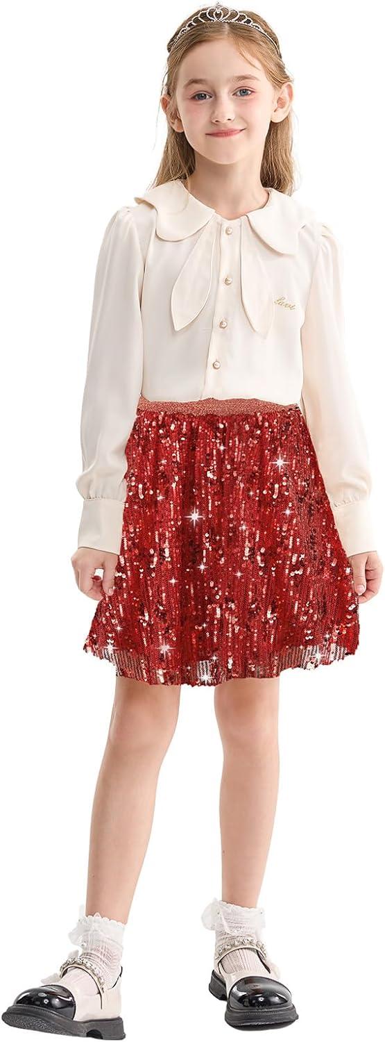 imageRolanko Girls Sequin Skirt Elastic Waist Glitter Sparkly Skort with Lining Twirling Shiny Skirts for Kids Dance Party 512YRed
