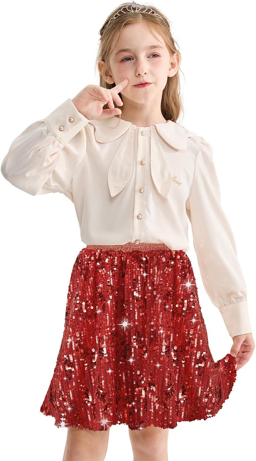 imageRolanko Girls Sequin Skirt Elastic Waist Glitter Sparkly Skort with Lining Twirling Shiny Skirts for Kids Dance Party 512YRed