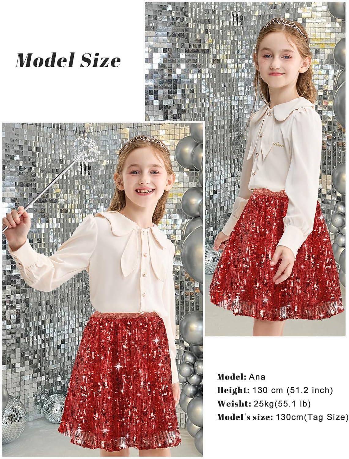 imageRolanko Girls Sequin Skirt Elastic Waist Glitter Sparkly Skort with Lining Twirling Shiny Skirts for Kids Dance Party 512YRed