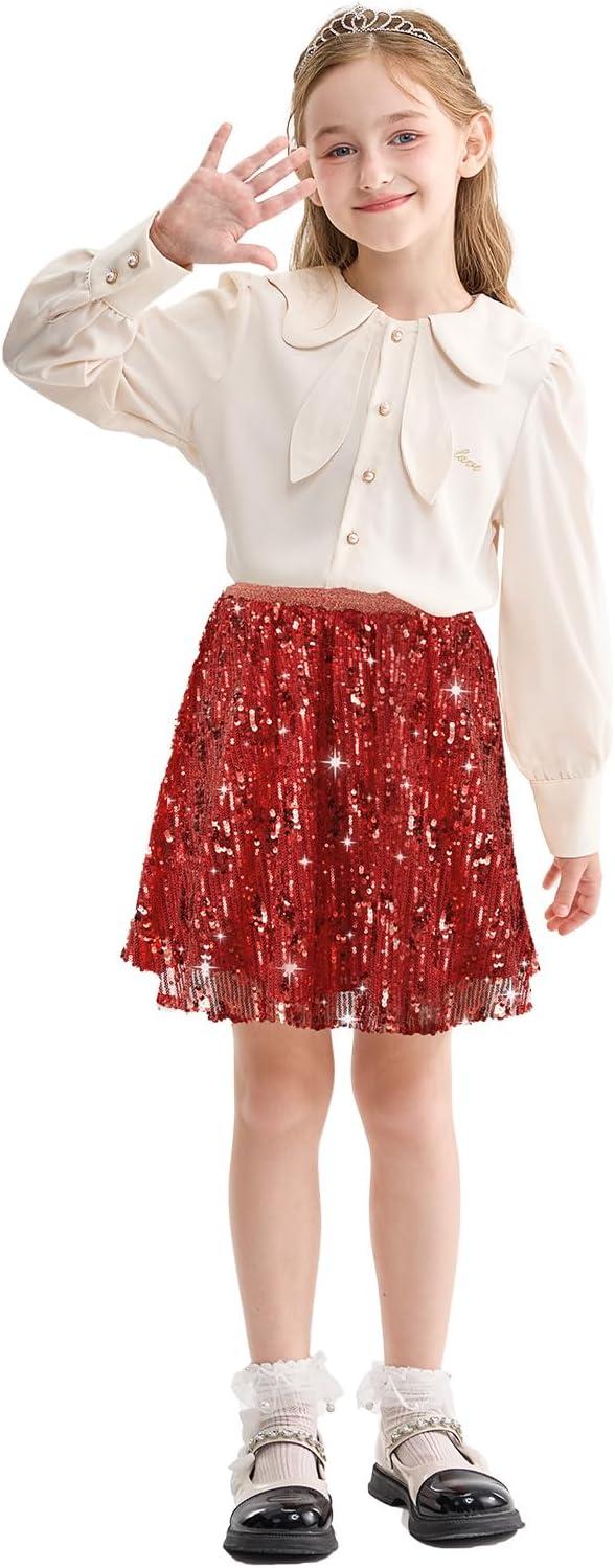 imageRolanko Girls Sequin Skirt Elastic Waist Glitter Sparkly Skort with Lining Twirling Shiny Skirts for Kids Dance Party 512YRed