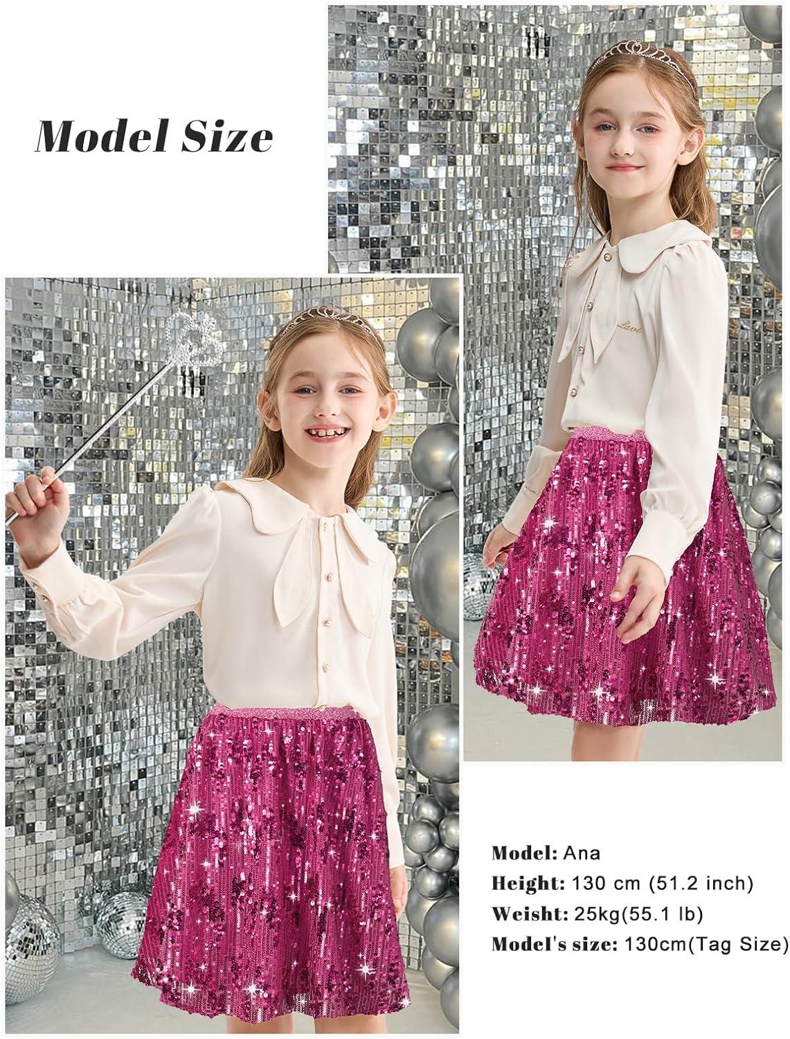 imageRolanko Girls Sequin Skirt Elastic Waist Glitter Sparkly Skort with Lining Twirling Shiny Skirts for Kids Dance Party 512YRose