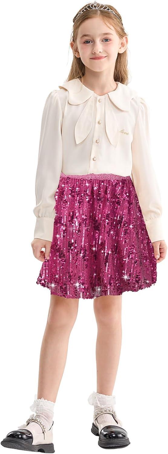 imageRolanko Girls Sequin Skirt Elastic Waist Glitter Sparkly Skort with Lining Twirling Shiny Skirts for Kids Dance Party 512YRose