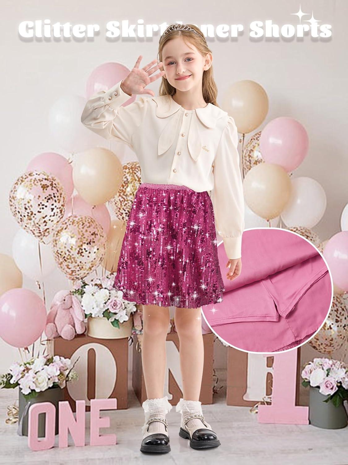 imageRolanko Girls Sequin Skirt Elastic Waist Glitter Sparkly Skort with Lining Twirling Shiny Skirts for Kids Dance Party 512YRose