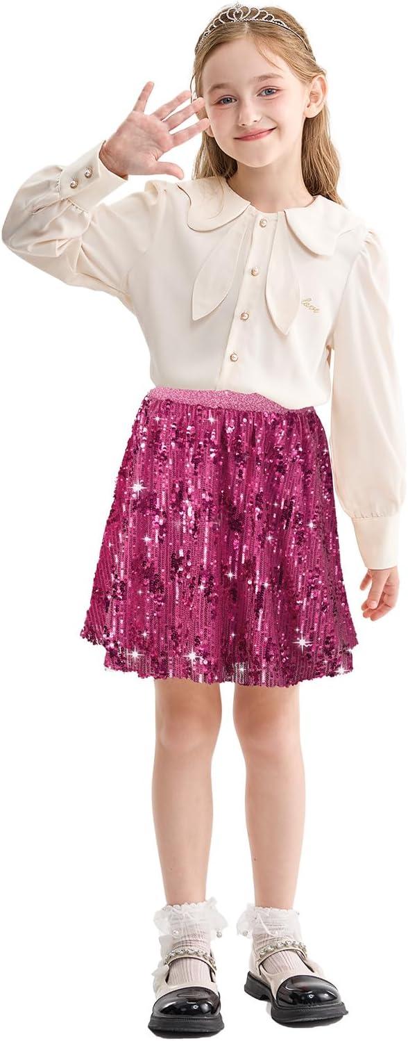 imageRolanko Girls Sequin Skirt Elastic Waist Glitter Sparkly Skort with Lining Twirling Shiny Skirts for Kids Dance Party 512YRose