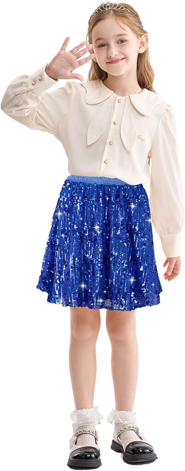 imageRolanko Girls Sequin Skirt Elastic Waist Glitter Sparkly Skort with Lining Twirling Shiny Skirts for Kids Dance Party 512YRoyalblue