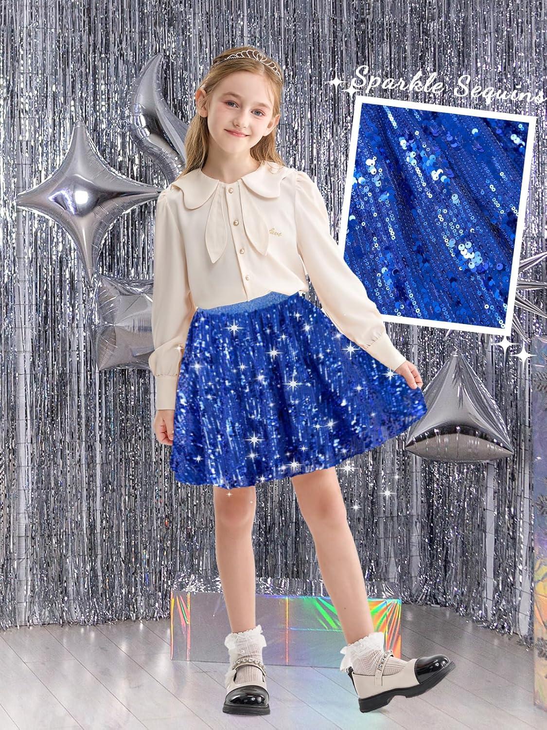 imageRolanko Girls Sequin Skirt Elastic Waist Glitter Sparkly Skort with Lining Twirling Shiny Skirts for Kids Dance Party 512YRoyalblue