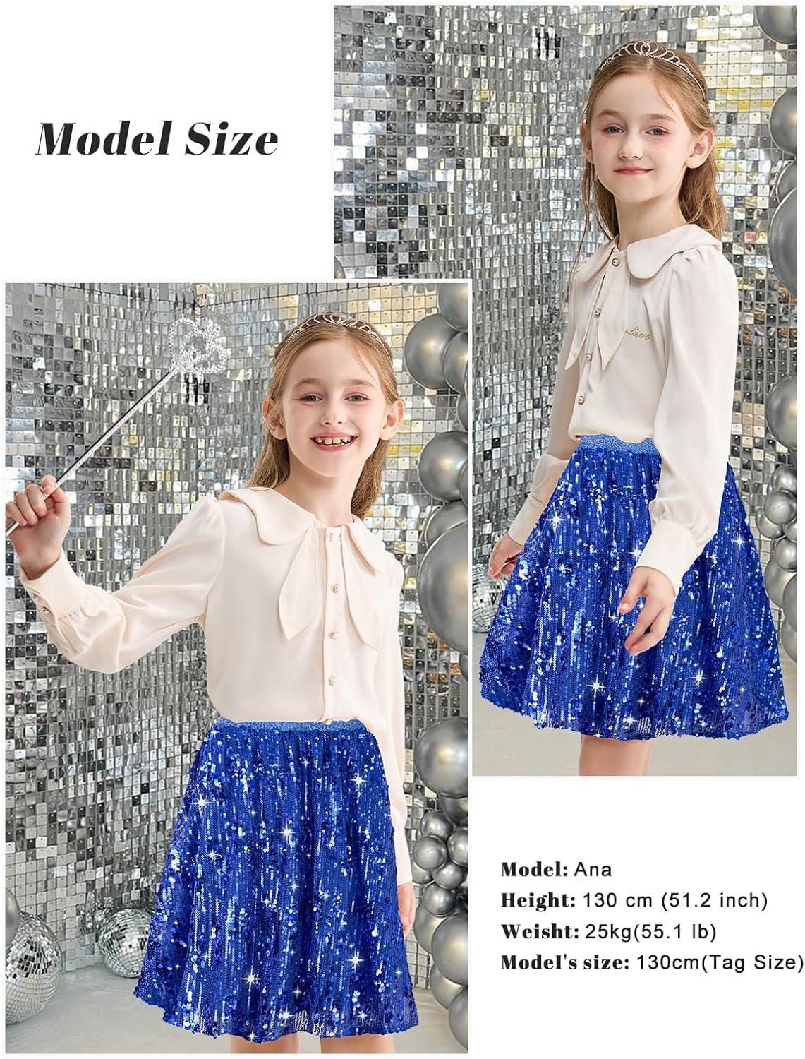 imageRolanko Girls Sequin Skirt Elastic Waist Glitter Sparkly Skort with Lining Twirling Shiny Skirts for Kids Dance Party 512YRoyalblue