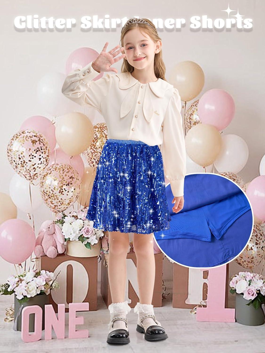 imageRolanko Girls Sequin Skirt Elastic Waist Glitter Sparkly Skort with Lining Twirling Shiny Skirts for Kids Dance Party 512YRoyalblue