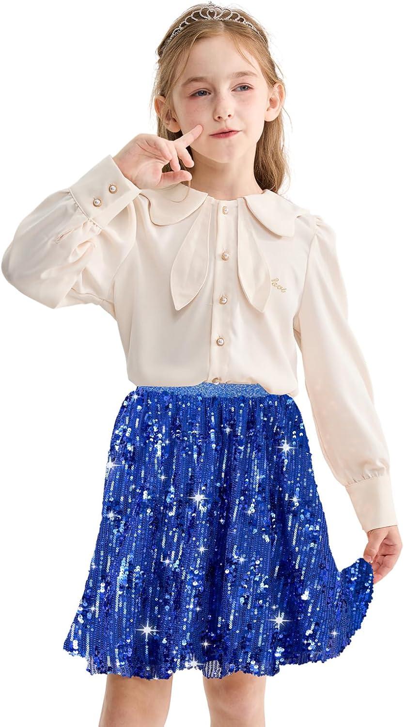 imageRolanko Girls Sequin Skirt Elastic Waist Glitter Sparkly Skort with Lining Twirling Shiny Skirts for Kids Dance Party 512YRoyalblue
