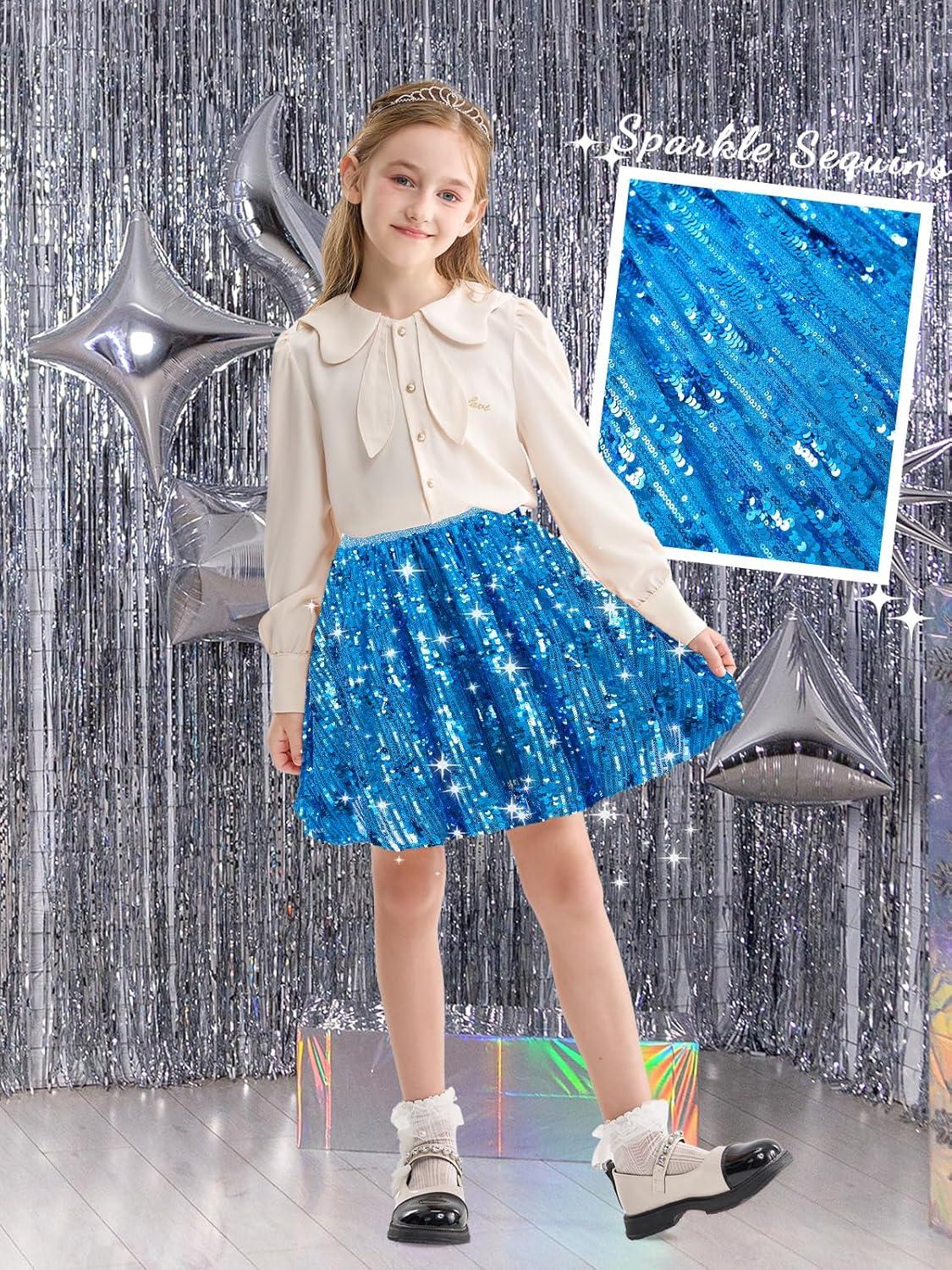 imageRolanko Girls Sequin Skirt Elastic Waist Glitter Sparkly Skort with Lining Twirling Shiny Skirts for Kids Dance Party 512YSkyblue