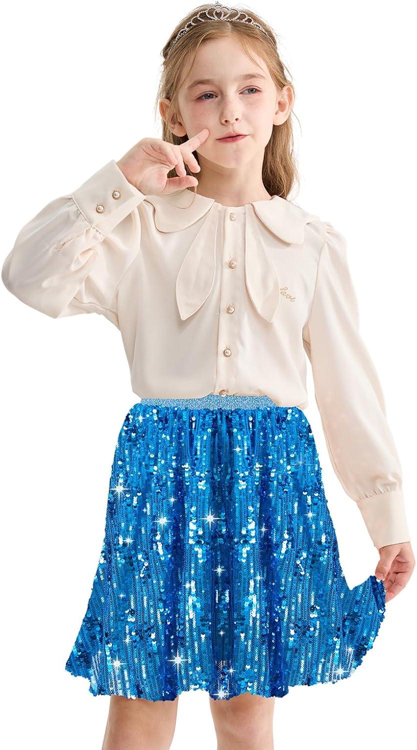imageRolanko Girls Sequin Skirt Elastic Waist Glitter Sparkly Skort with Lining Twirling Shiny Skirts for Kids Dance Party 512YSkyblue