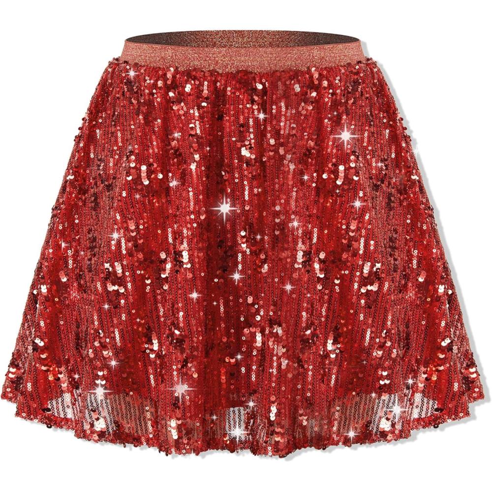 imageRolanko Girls Sequin Skirt Elastic Waist Glitter Sparkly Skort with Lining Twirling Shiny Skirts for Kids Dance Party 512YRed