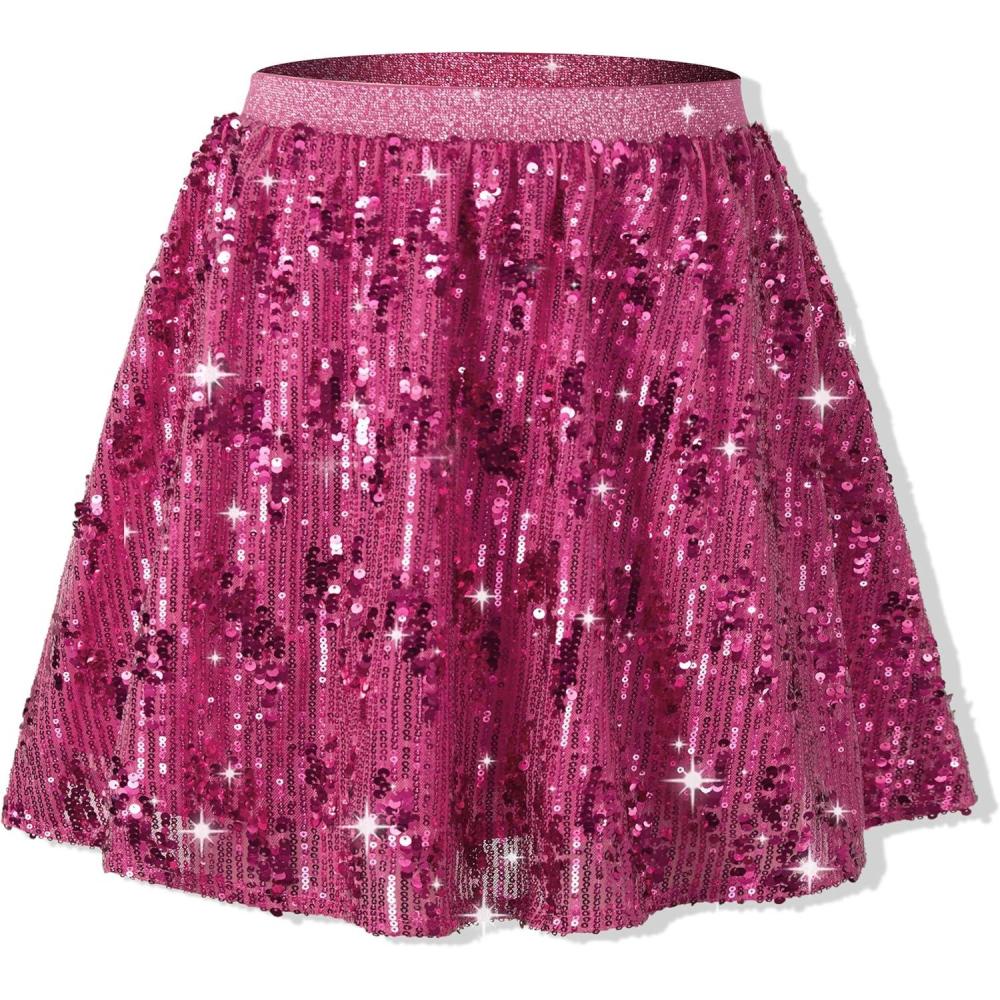 imageRolanko Girls Sequin Skirt Elastic Waist Glitter Sparkly Skort with Lining Twirling Shiny Skirts for Kids Dance Party 512YRose
