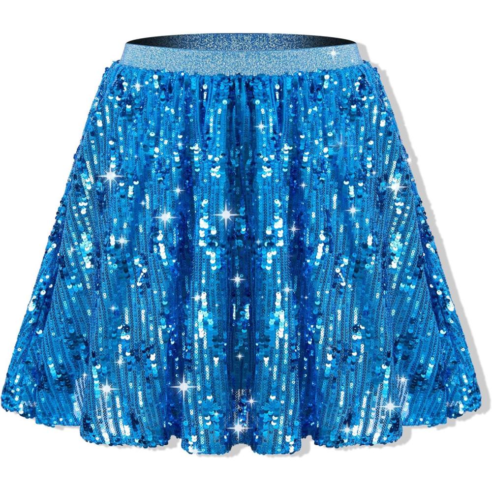 imageRolanko Girls Sequin Skirt Elastic Waist Glitter Sparkly Skort with Lining Twirling Shiny Skirts for Kids Dance Party 512YSkyblue