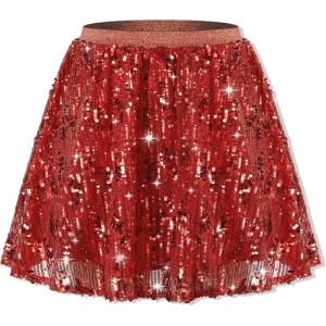 imageRolanko Girls Sequin Skirt Elastic Waist Glitter Sparkly Skort with Lining Twirling Shiny Skirts for Kids Dance Party 512YRed