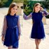 imageRolanko Girls Puff Long Sleeve Dress with Belt Ruffle Collar Contrast Mesh ALine Elegant Formal Party Dresses for KidsNavy