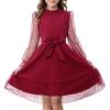 imageRolanko Girls Puff Long Sleeve Dress with Belt Ruffle Collar Contrast Mesh ALine Elegant Formal Party Dresses for KidsRed