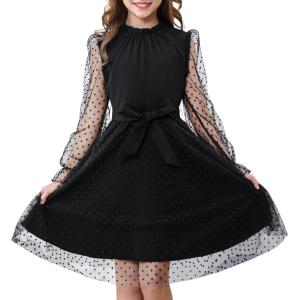 imageRolanko Girls Puff Long Sleeve Dress with Belt Ruffle Collar Contrast Mesh ALine Elegant Formal Party Dresses for KidsBlack
