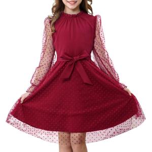 imageRolanko Girls Puff Long Sleeve Dress with Belt Ruffle Collar Contrast Mesh ALine Elegant Formal Party Dresses for KidsRed