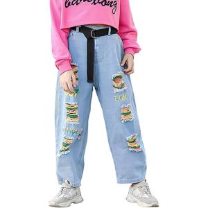 imageRolanko Girls Jeans Denim Elastic Wasit Wide Leg Baggy Pants Kids Clothes 414 YearsA6light Blue Hole