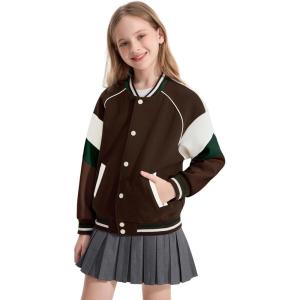 imageRolanko Girls Varsity Jackets Baseball Bomber Color Block Letterman Jacket Outwear With Pockets 715 YearsBrown