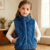 imageRolanko Girls Sherpa Fleece Vest Warm Fuzzy Full Zip Sleeveless Jacket Kids Soft Cozy Outerwear with PocketsDarkblue