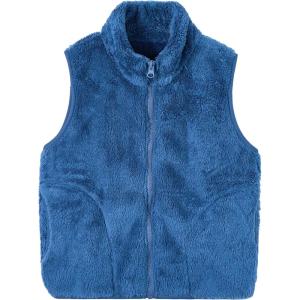 imageRolanko Girls Sherpa Fleece Vest Warm Fuzzy Full Zip Sleeveless Jacket Kids Soft Cozy Outerwear with PocketsDarkblue