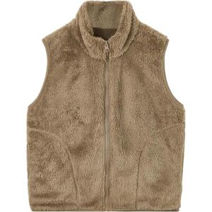 imageRolanko Girls Sherpa Fleece Vest Warm Fuzzy Full Zip Sleeveless Jacket Kids Soft Cozy Outerwear with PocketsLightbrown