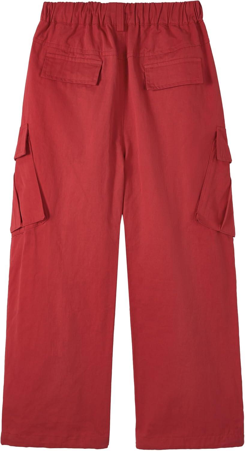 imageRolanko Boys Baggy Cargo Pants with Pockets Loose Hiking Pants Elastic Cargo Jogger Trousers for Outdoor Casual School 615YRed