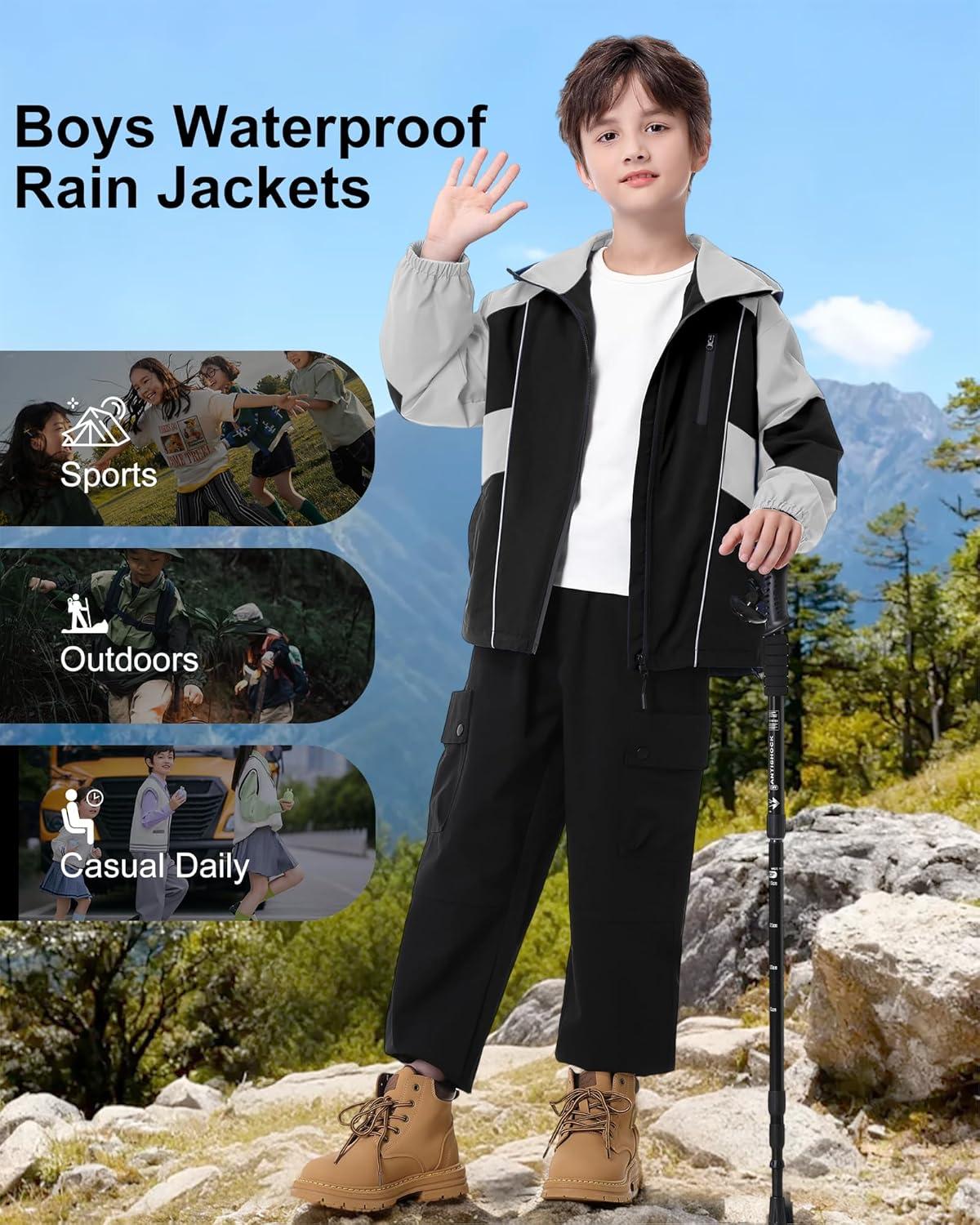 imageRolanko Boys Rain Jacket Waterproof Lightweight Windbreaker Raincoat Kids Hooded Lined Outerwear for Hiking OutdoorBlack