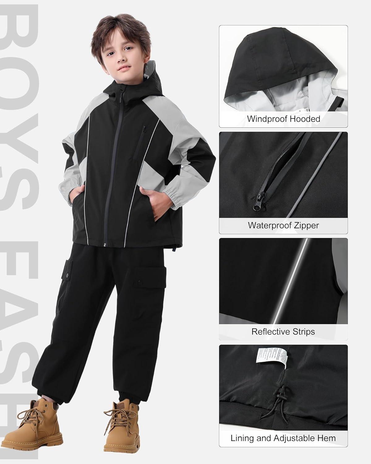 imageRolanko Boys Rain Jacket Waterproof Lightweight Windbreaker Raincoat Kids Hooded Lined Outerwear for Hiking OutdoorBlack