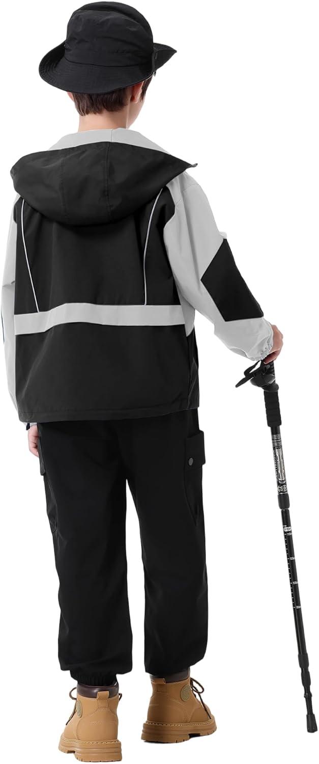 imageRolanko Boys Rain Jacket Waterproof Lightweight Windbreaker Raincoat Kids Hooded Lined Outerwear for Hiking OutdoorBlack