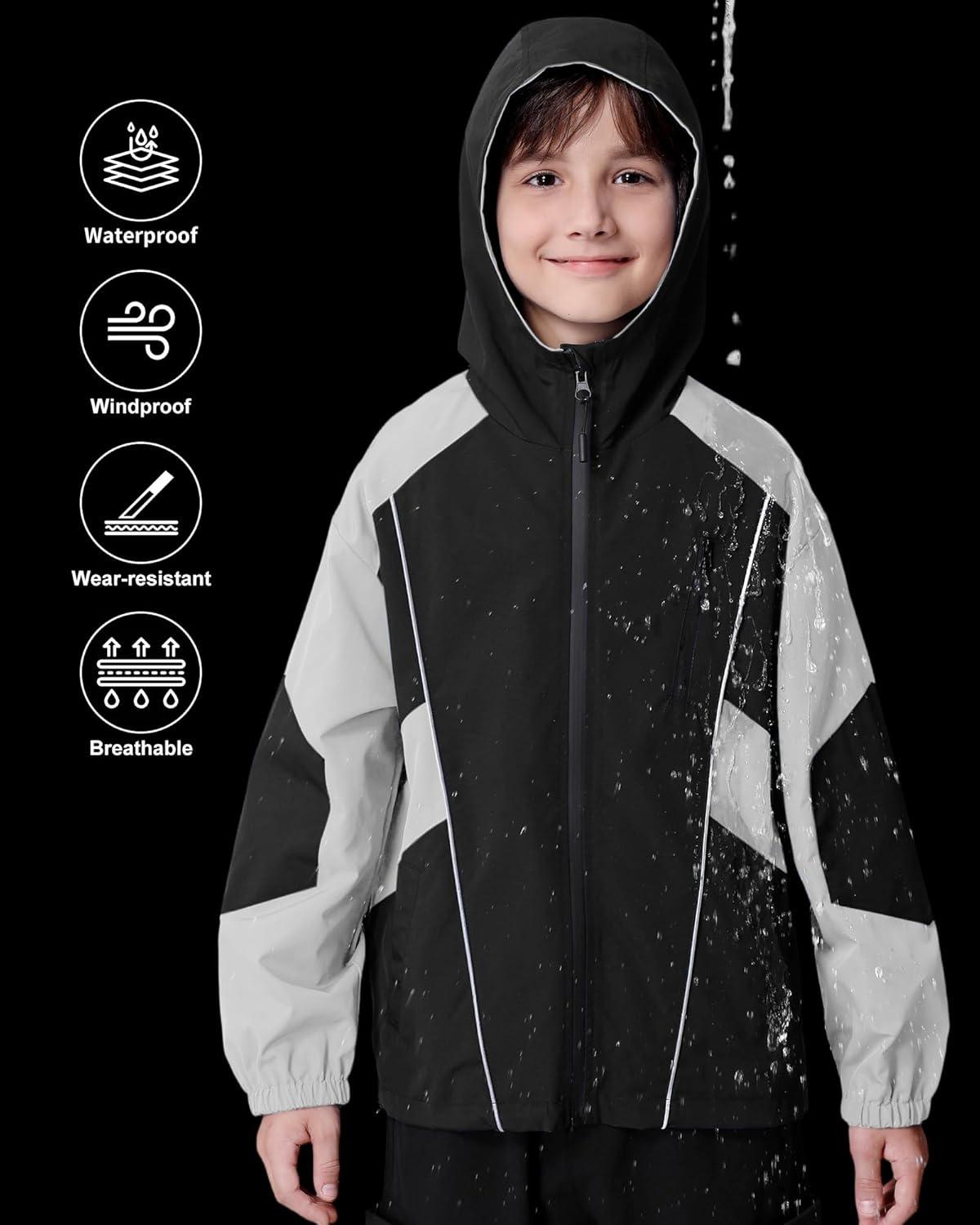 imageRolanko Boys Rain Jacket Waterproof Lightweight Windbreaker Raincoat Kids Hooded Lined Outerwear for Hiking OutdoorBlack