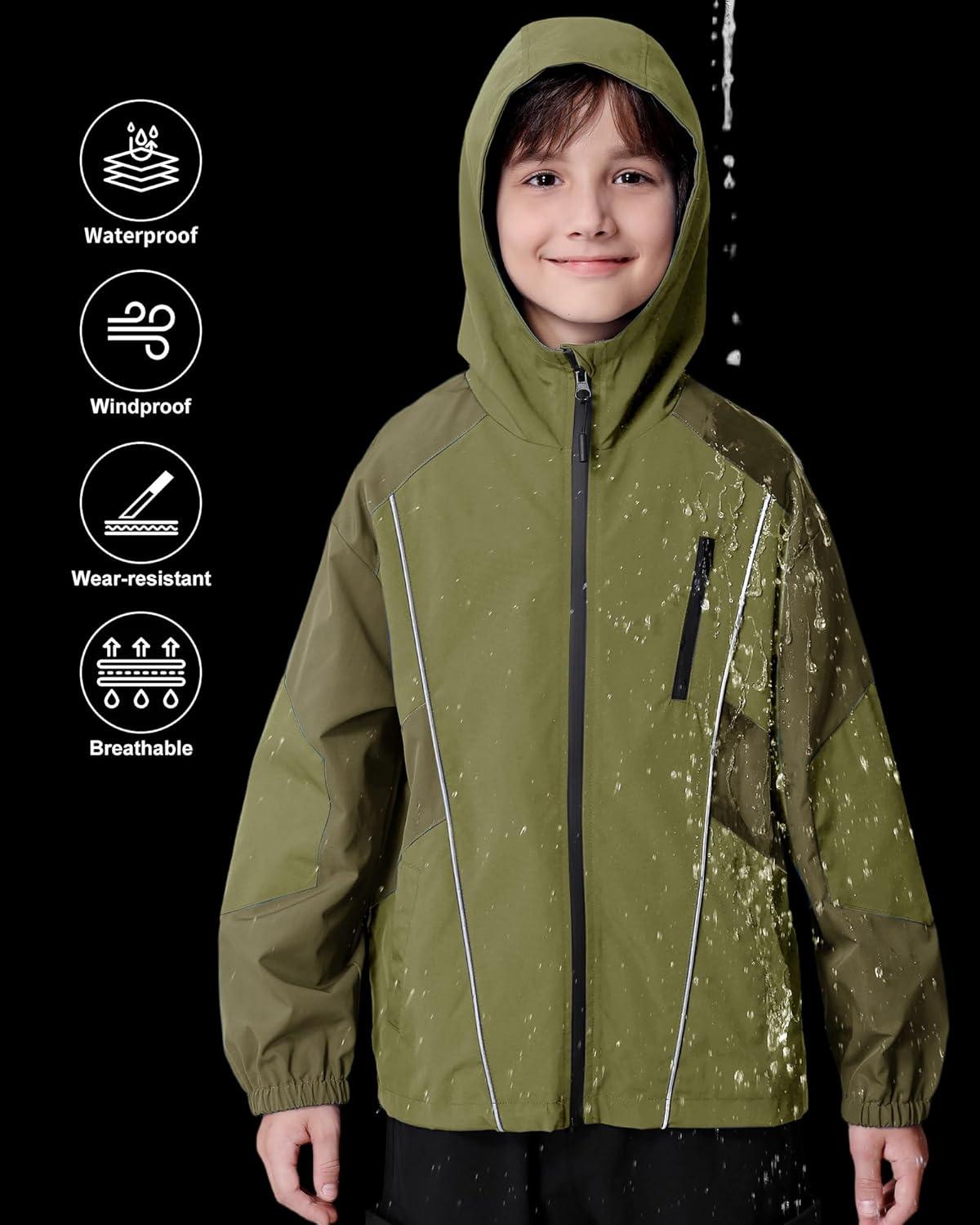 imageRolanko Boys Rain Jacket Waterproof Lightweight Windbreaker Raincoat Kids Hooded Lined Outerwear for Hiking OutdoorDeepgreen