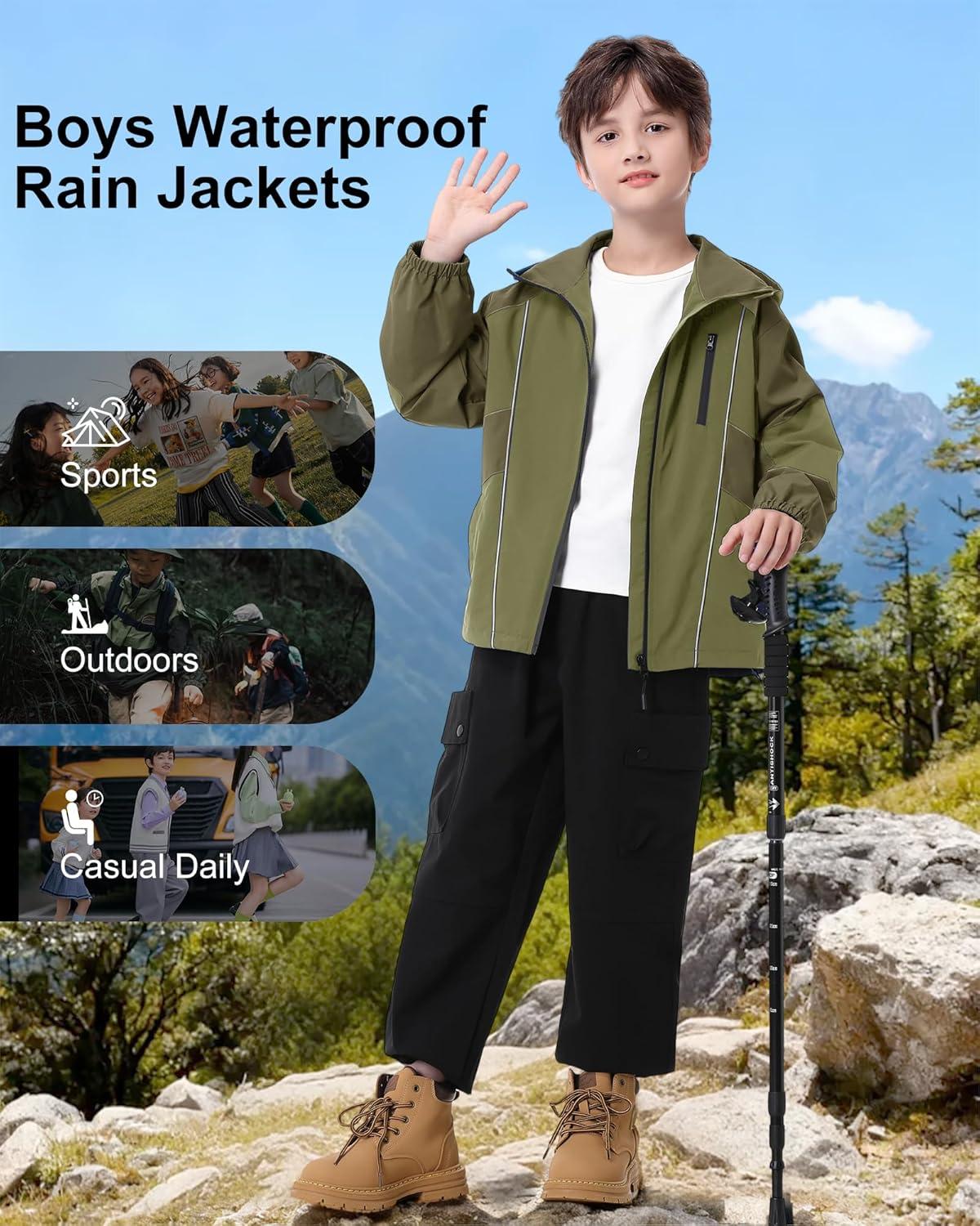 imageRolanko Boys Rain Jacket Waterproof Lightweight Windbreaker Raincoat Kids Hooded Lined Outerwear for Hiking OutdoorDeepgreen