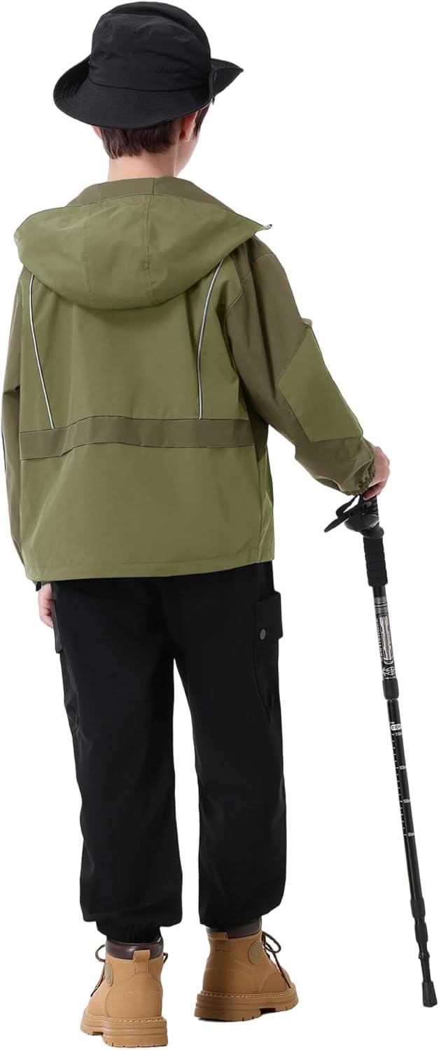 imageRolanko Boys Rain Jacket Waterproof Lightweight Windbreaker Raincoat Kids Hooded Lined Outerwear for Hiking OutdoorDeepgreen