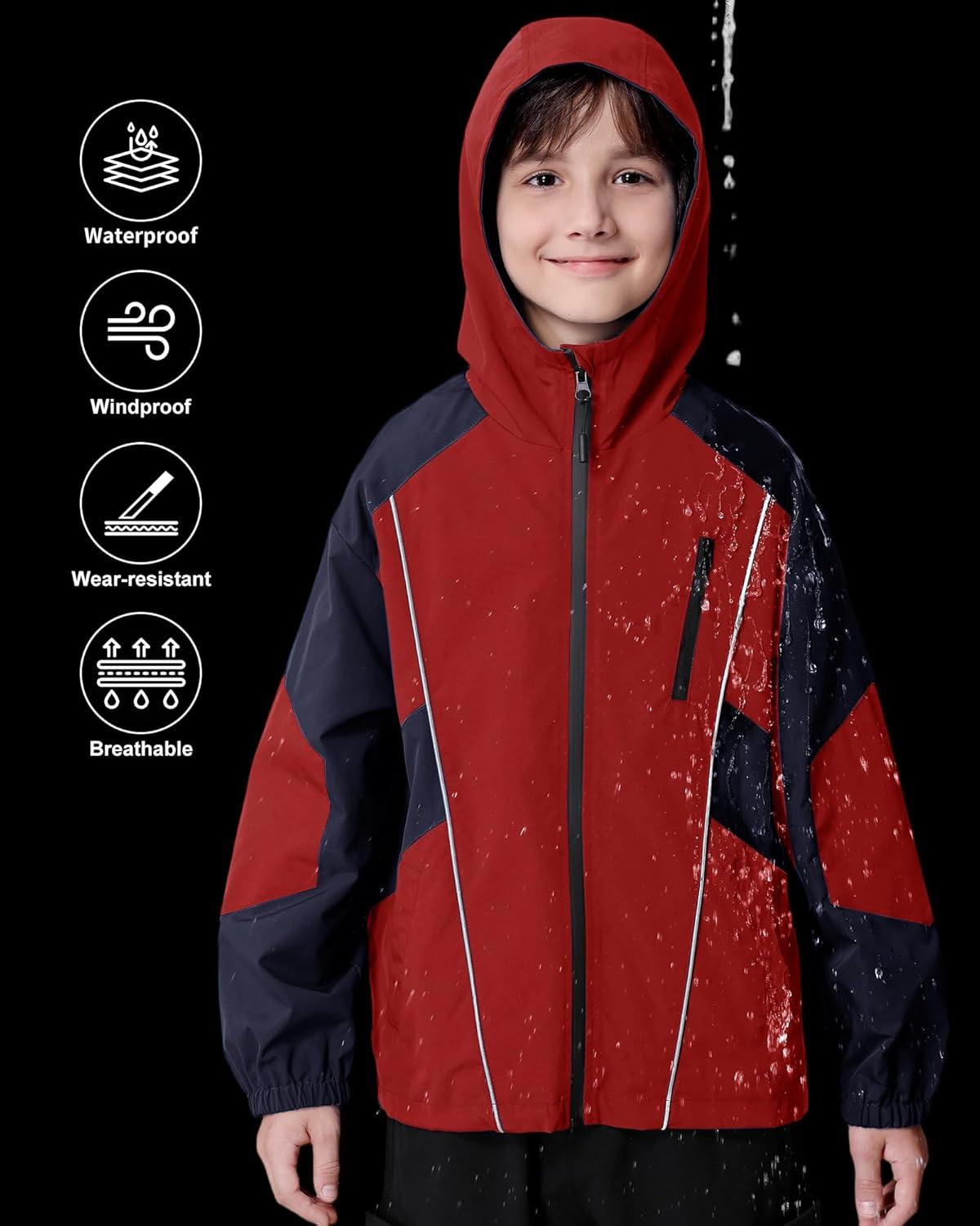 imageRolanko Boys Rain Jacket Waterproof Lightweight Windbreaker Raincoat Kids Hooded Lined Outerwear for Hiking OutdoorMaroon