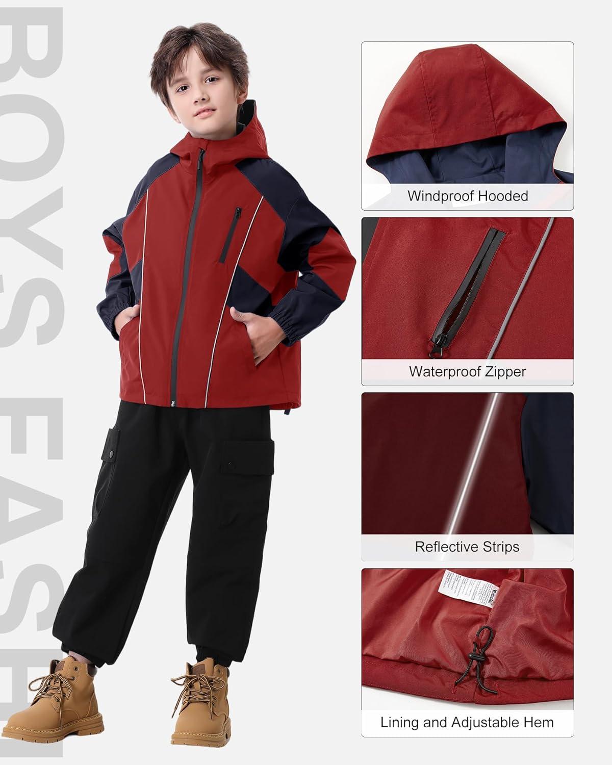 imageRolanko Boys Rain Jacket Waterproof Lightweight Windbreaker Raincoat Kids Hooded Lined Outerwear for Hiking OutdoorMaroon