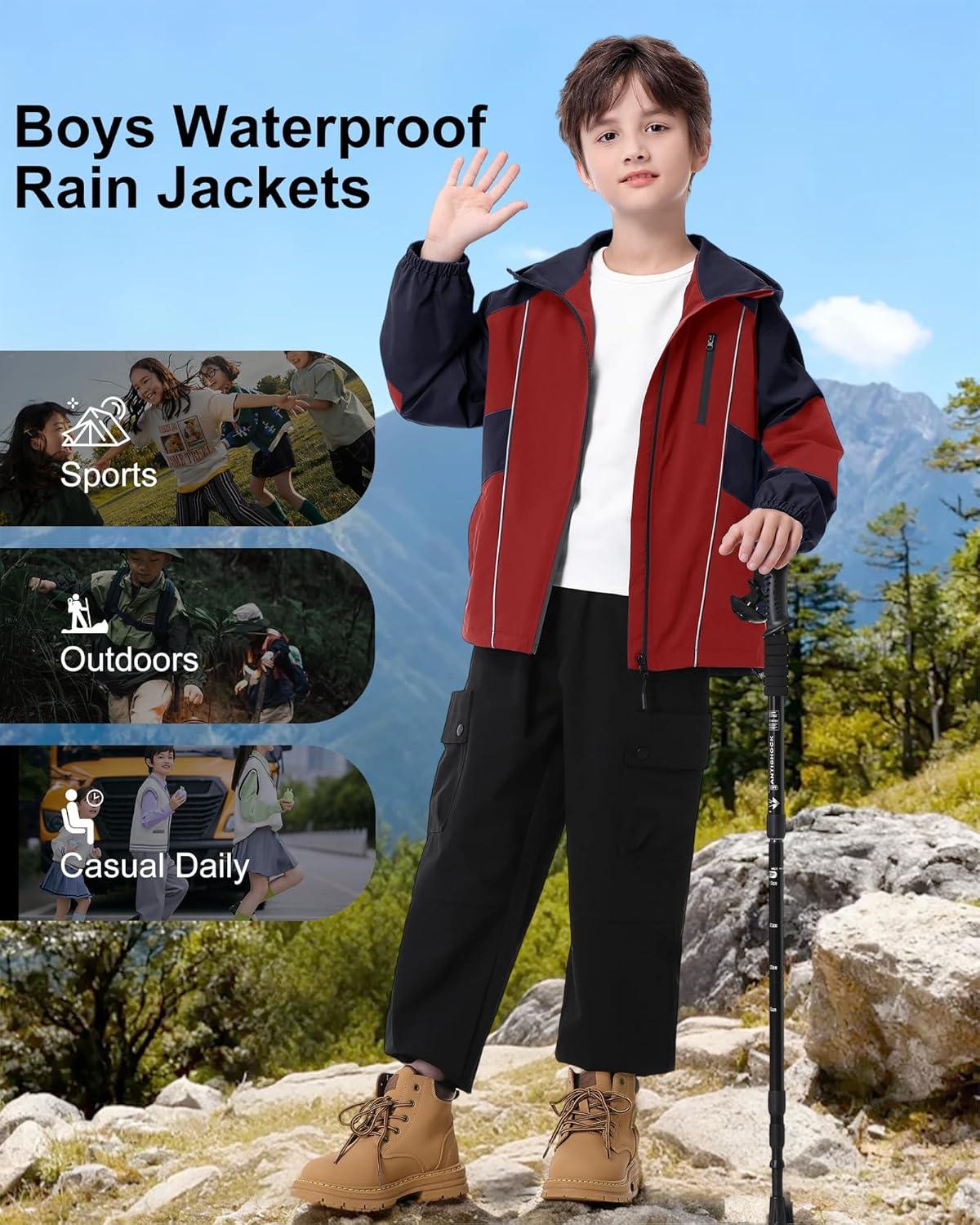 imageRolanko Boys Rain Jacket Waterproof Lightweight Windbreaker Raincoat Kids Hooded Lined Outerwear for Hiking OutdoorMaroon