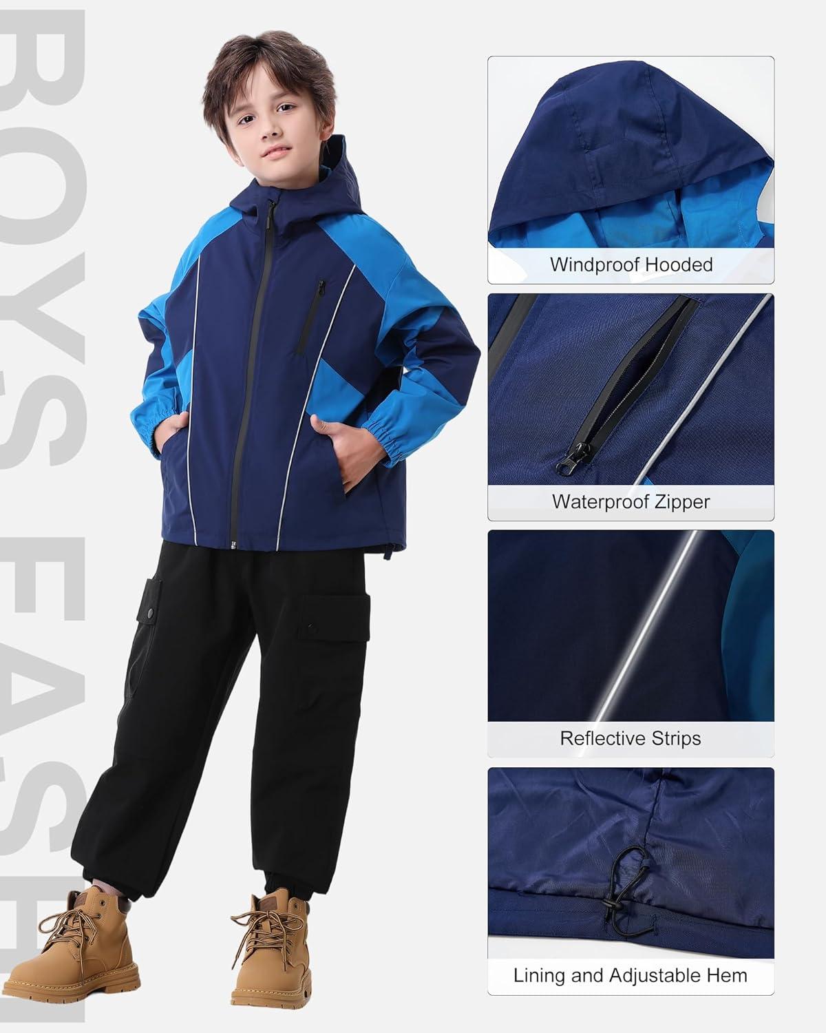 imageRolanko Boys Rain Jacket Waterproof Lightweight Windbreaker Raincoat Kids Hooded Lined Outerwear for Hiking OutdoorNavy