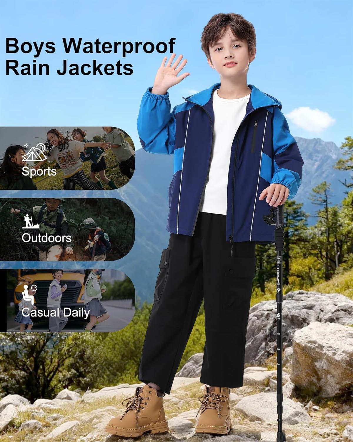 imageRolanko Boys Rain Jacket Waterproof Lightweight Windbreaker Raincoat Kids Hooded Lined Outerwear for Hiking OutdoorNavy
