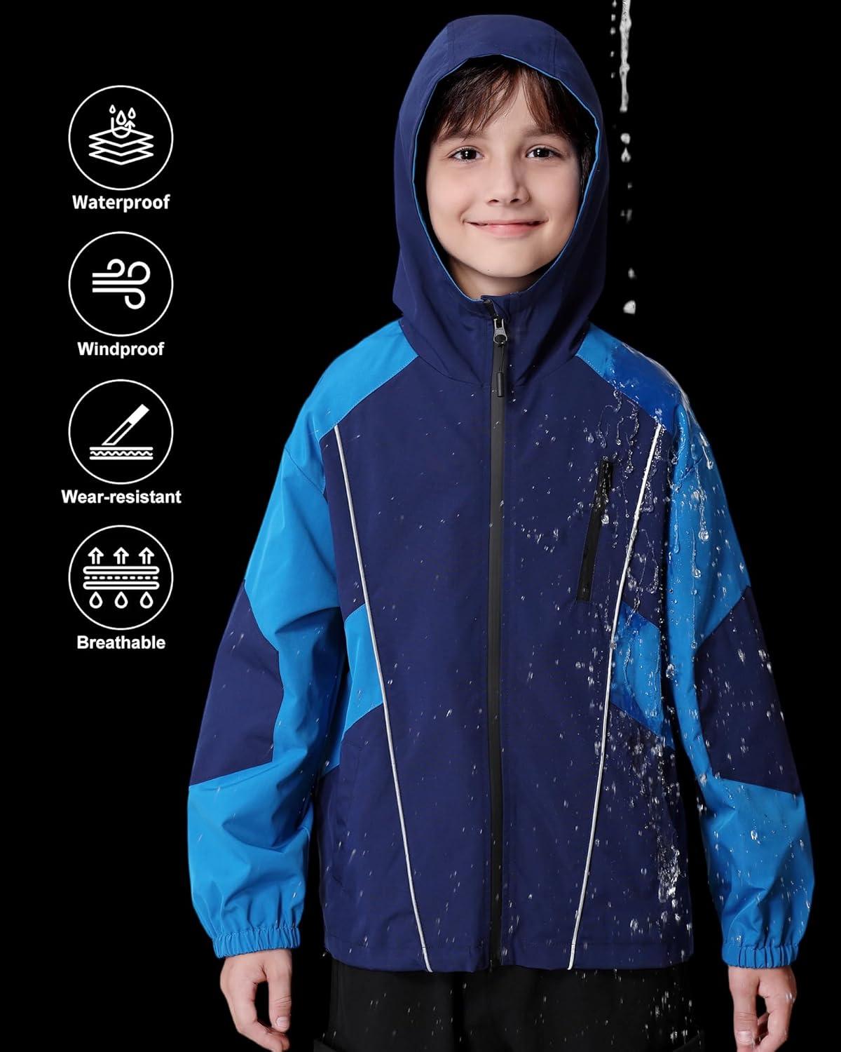 imageRolanko Boys Rain Jacket Waterproof Lightweight Windbreaker Raincoat Kids Hooded Lined Outerwear for Hiking OutdoorNavy