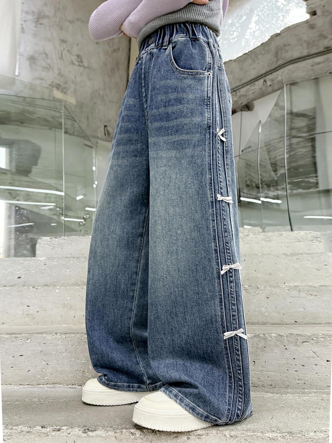 imageRolanko Girls Baggy Jeans Distressed Denim Pants Elastic Waist Wide Leg Jeans for Girls Kids Loose Fit 414 YearsRibbonbow