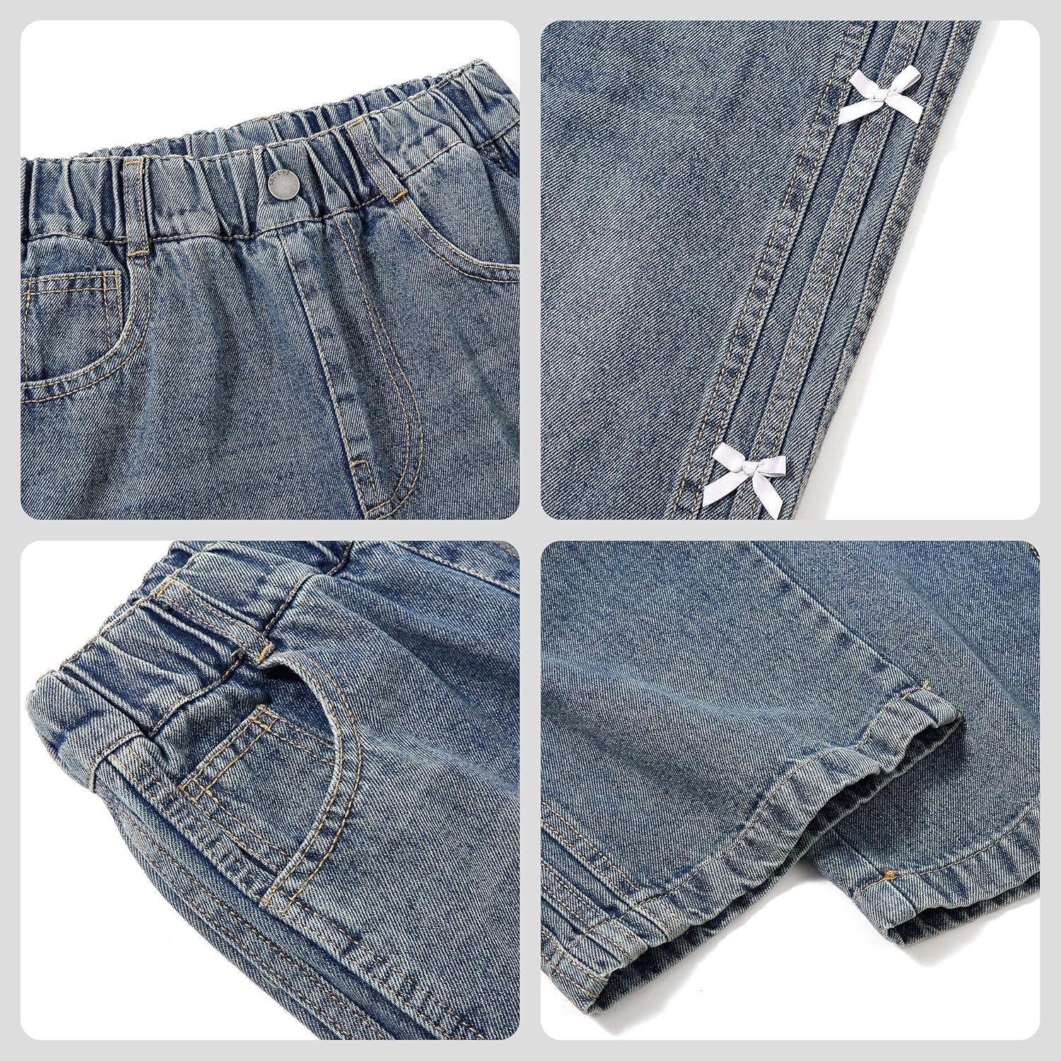 imageRolanko Girls Baggy Jeans Distressed Denim Pants Elastic Waist Wide Leg Jeans for Girls Kids Loose Fit 414 YearsRibbonbow