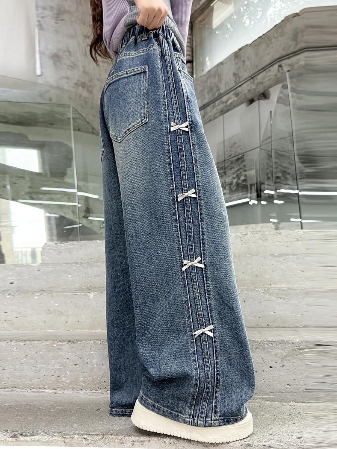 imageRolanko Girls Baggy Jeans Distressed Denim Pants Elastic Waist Wide Leg Jeans for Girls Kids Loose Fit 414 YearsRibbonbow