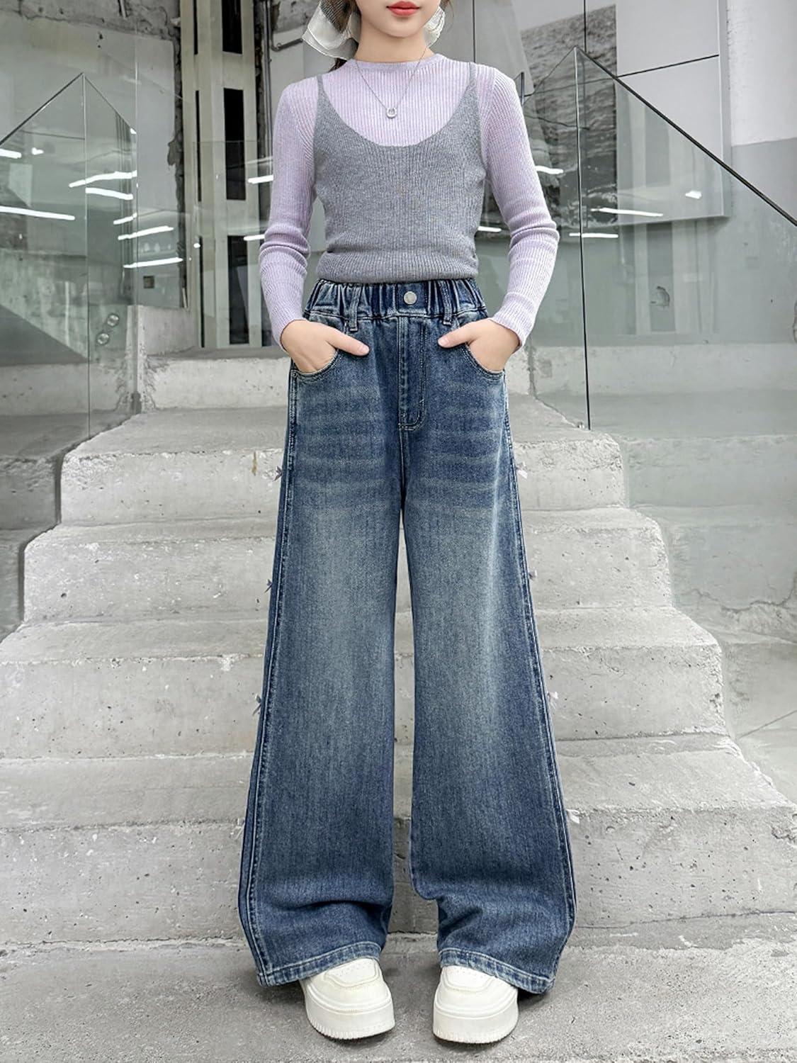 imageRolanko Girls Baggy Jeans Distressed Denim Pants Elastic Waist Wide Leg Jeans for Girls Kids Loose Fit 414 YearsRibbonbow